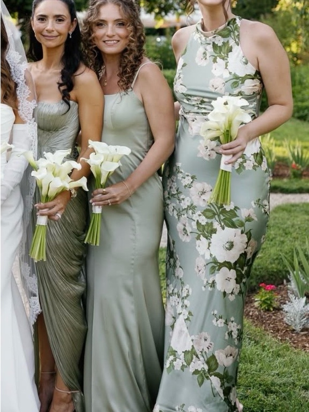 Reformation Sage Green Floral & Satin Bridesmaid Dress Mix